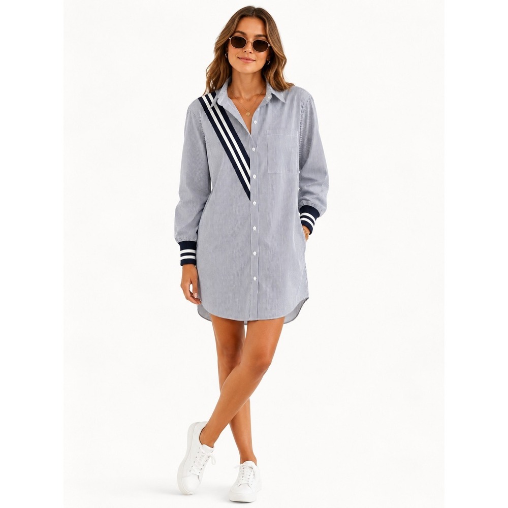 JOH Wenna Striped Shirt Dress Navy Varsity Rugby Preppy Tunic Nautical Fisherman